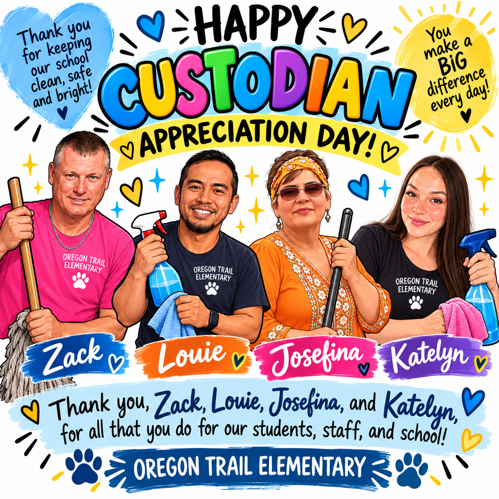 Four people with brooms stand around a colorful poster. The poster reads "Happy Custodian Appreciation Day!" Names of the four are below.