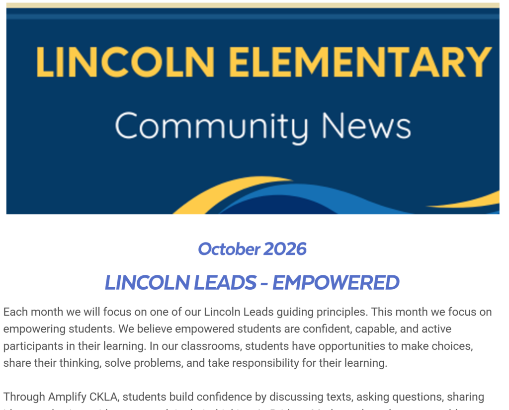 Blue and yellow banner reads "Lincoln Elementary Community News". Below, "October 2026" and "Lincoln Leads - Empowered" are featured.