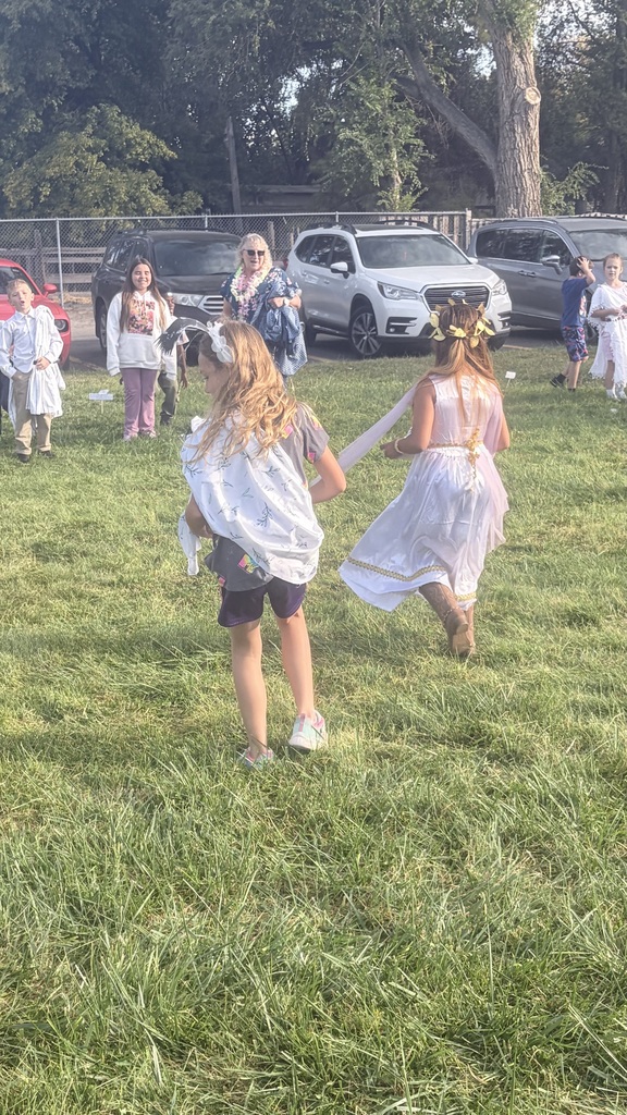 Kids dressed in white playing in a grassy area, others nearby. Cars parked in a row behind a fence.