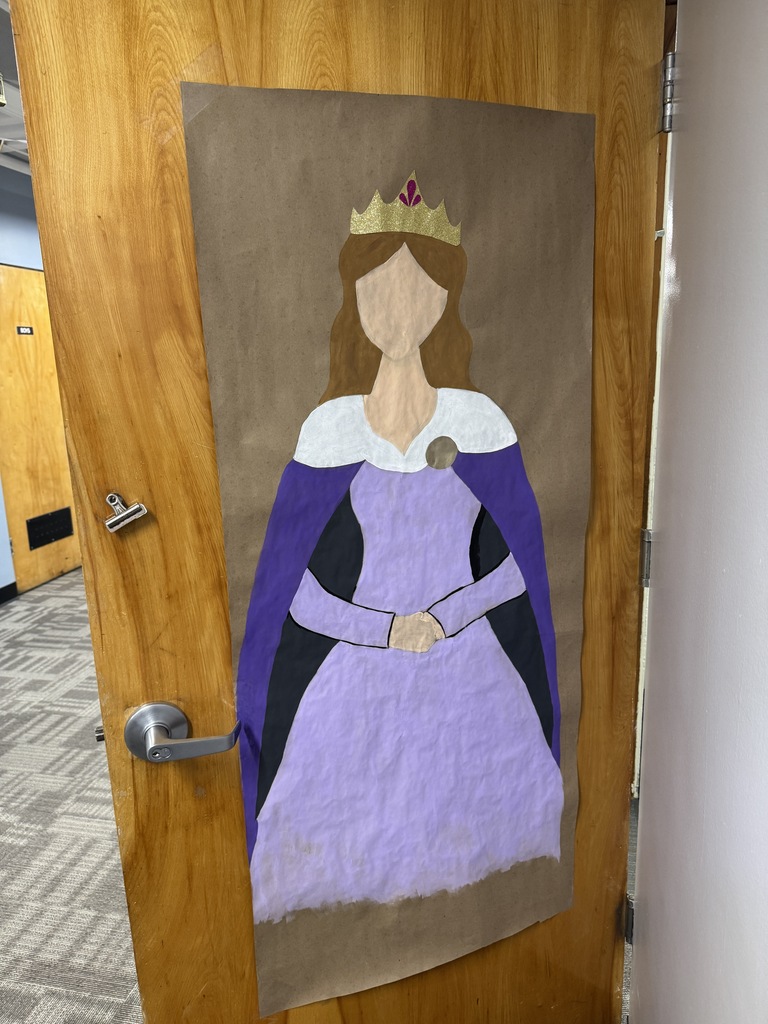 A door with a hand-drawn picture of a woman in a purple dress and crown. A silver handle is on the left side.