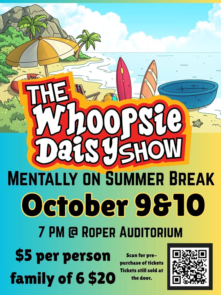 Event flyer for The Whoopsie Daisy Show, showing a beach with surfboards and umbrellas. Dates are October 9 & 10 at 7 PM. Prices are $5 per person, $20 for a family of six.