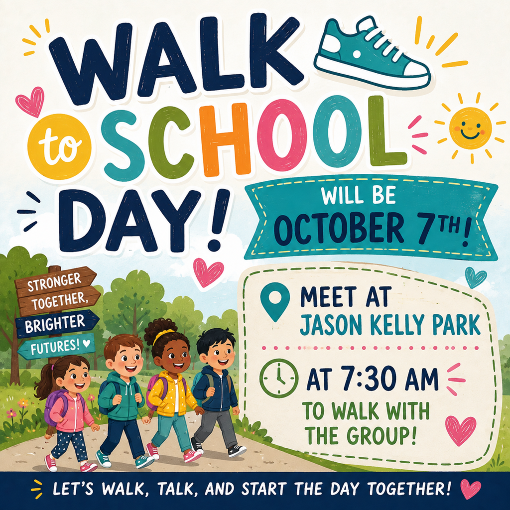 Walk to school day on October 7. Meet at Jason Kelly Park at 7:30 AM. Four children walk on a path.