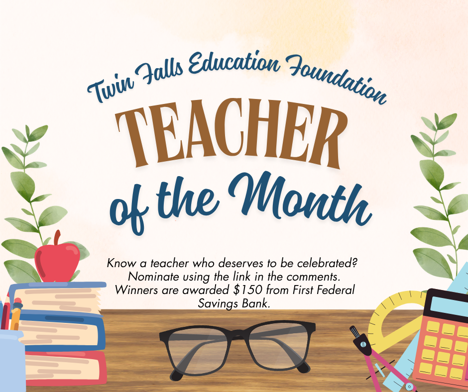 Poster with "Teacher of the Month" in bold. Below, a table with books, an apple, glasses, and school tools.