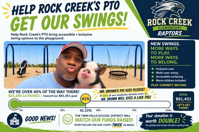 A poster features a man with a pig, inviting donations to get accessible swings. The background has playground elements.