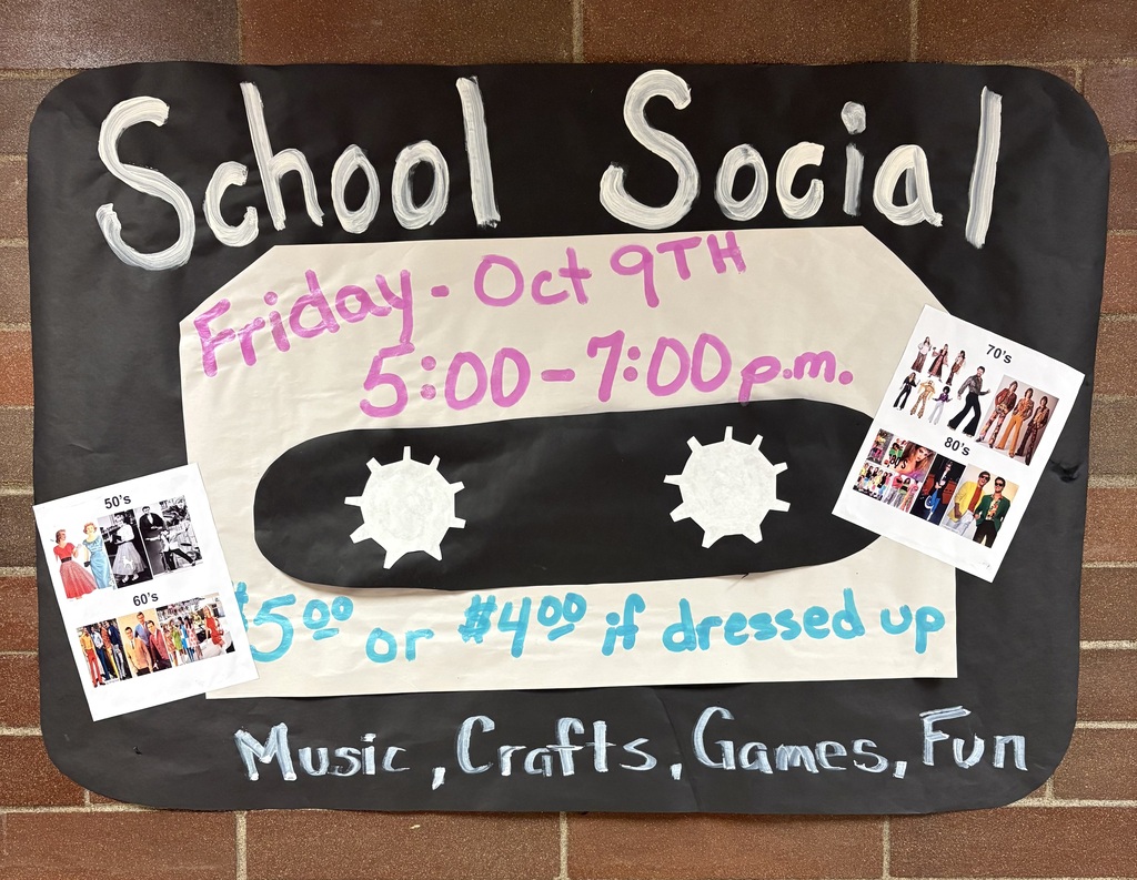 A blackboard with white text reads "School Social" and "Friday, Oct 9th 5:00-7:00 p.m." Photos of people and prices are pinned on it.