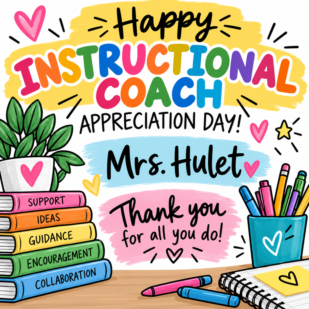 An illustration of a desk with a plant, books, colored pencils, and a note. Text reads "Happy Instructional Coach Appreciation Day! Mrs. Hulet. Thank you for all you do!"