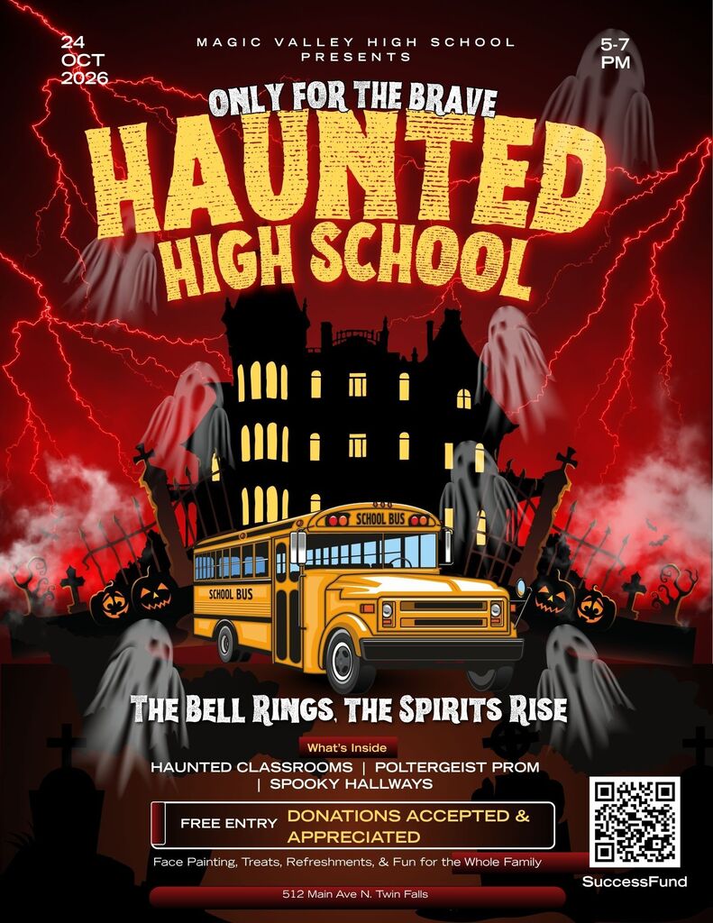 An event poster shows a haunted high school with a spooky bus, ghosts, and lightning. Date and time are at top, with entry details and QR code.