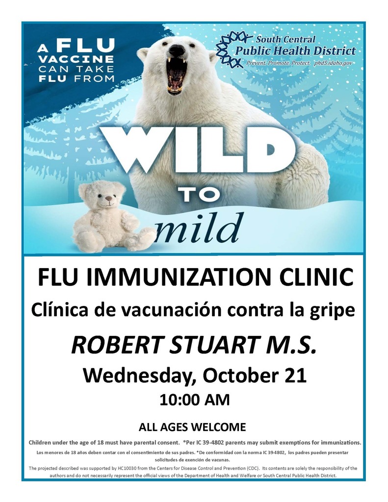 Poster features a polar bear and a teddy bear with text promoting a flu immunization clinic.