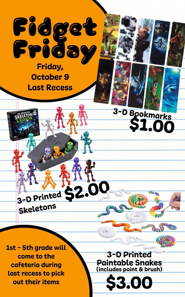 Flyer shows various Halloween items. Skeletons and bookmarks for sale. Pick up during last recess.