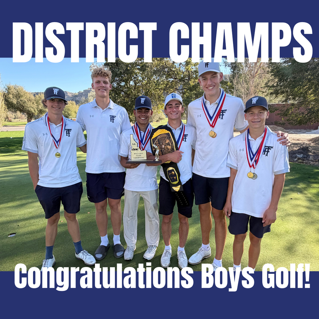 Six male golfers with medals, standing on a golf course, one holding a trophy. Text reads "District Champs, Congratulations Boys Golf!"