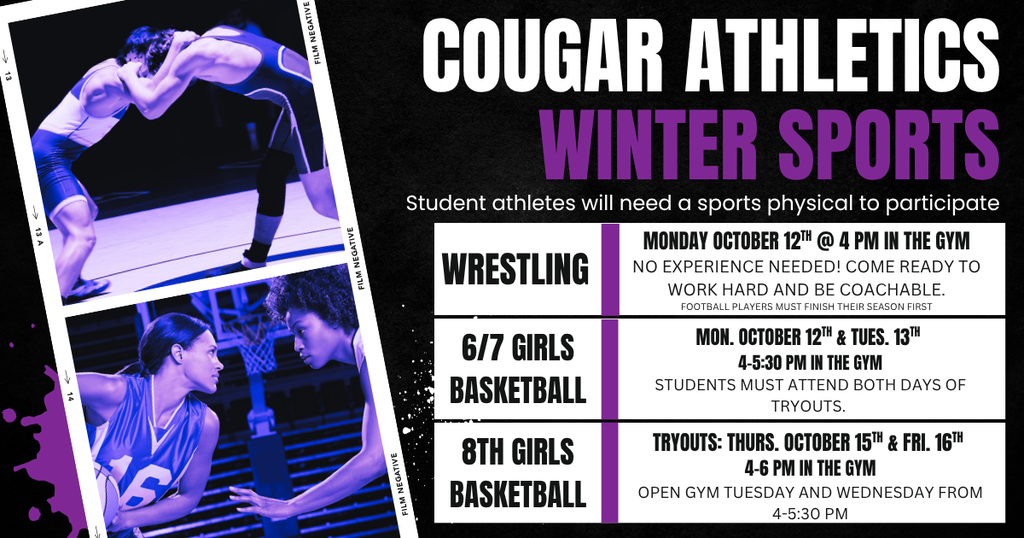 An advertisement poster titled "Cougar Athletics Winter Sports" features a collage of athletes in action. It highlights wrestling, girls basketball, and open gym times.