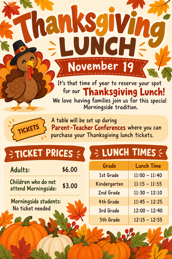 Flyer for Thanksgiving lunch with prices and lunch times