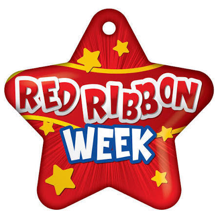 A red star shape with text "Red Ribbon Week" on it and five yellow stars. White background.