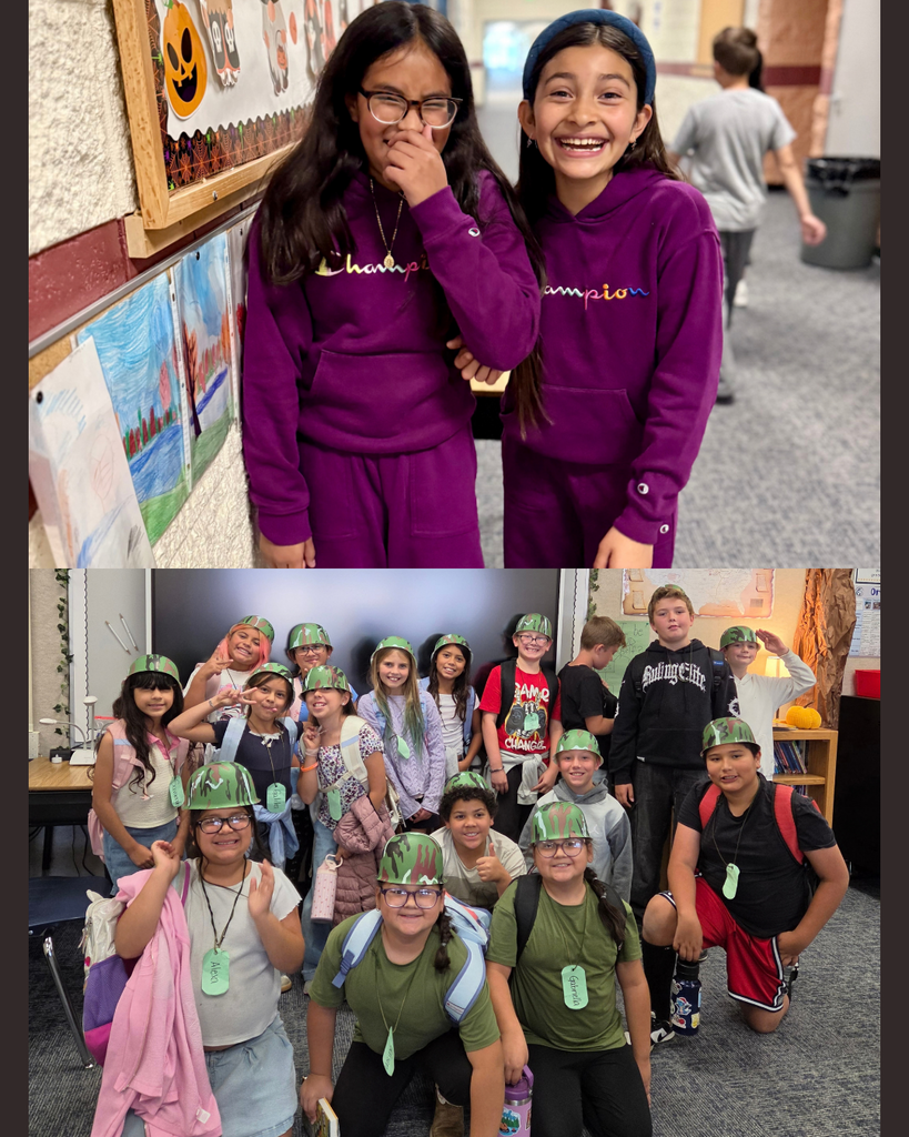Two girls in purple outfits, smiling, one holding her face. Below, a group of students in green hats, smiling for a photo.