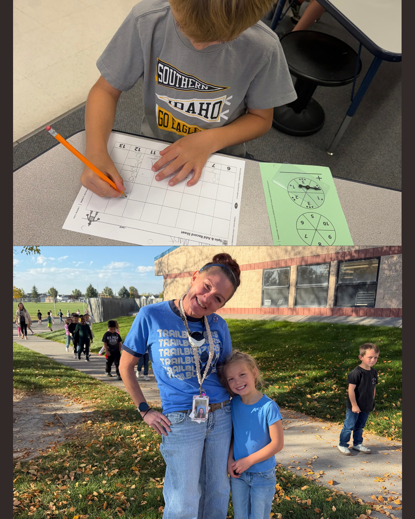 Two images: a child writes at a desk, and a woman with a lanyard stands with a child in front of a school.