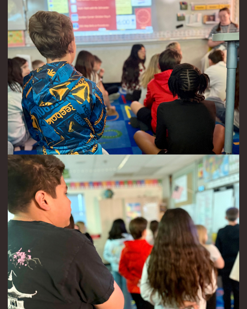 Two classroom scenes; top: students sit around a projector screen, bottom: students sit in rows facing a teacher.