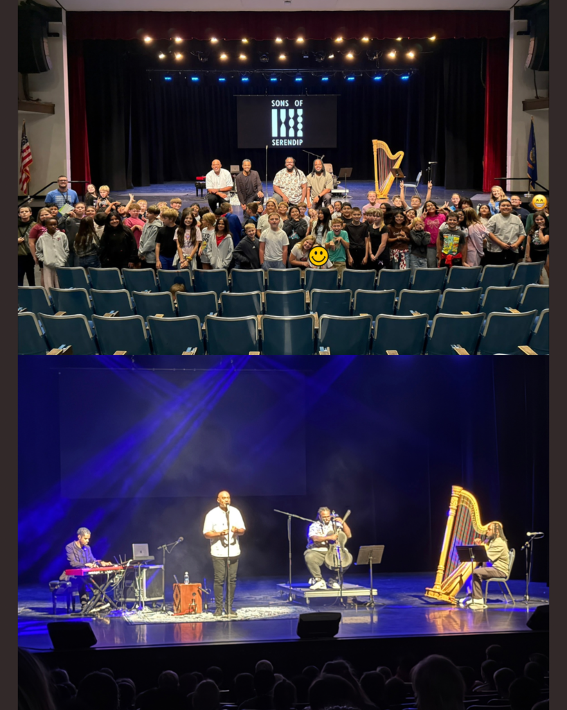Two-part image: audience in a theater watching a performance, musicians on stage playing cello, harp, and keyboard.