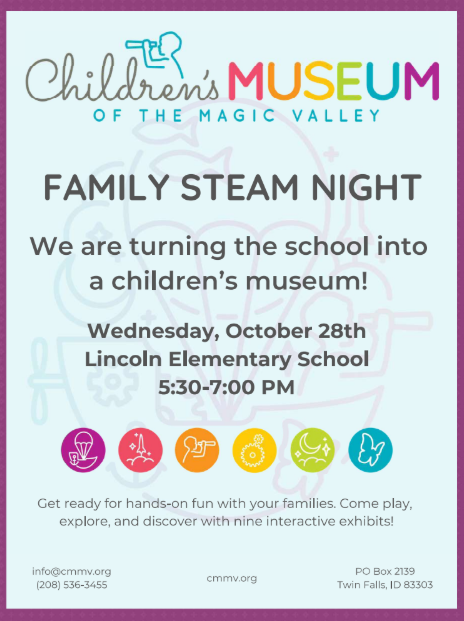 A flyer for "Family Steam Night" at Children's Museum of the Magic Valley. Event details include date and time.
