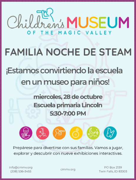 An event flyer with blue and white text invites families to a family night. It reads "Familia Noche de Steam" and is held on October 28.