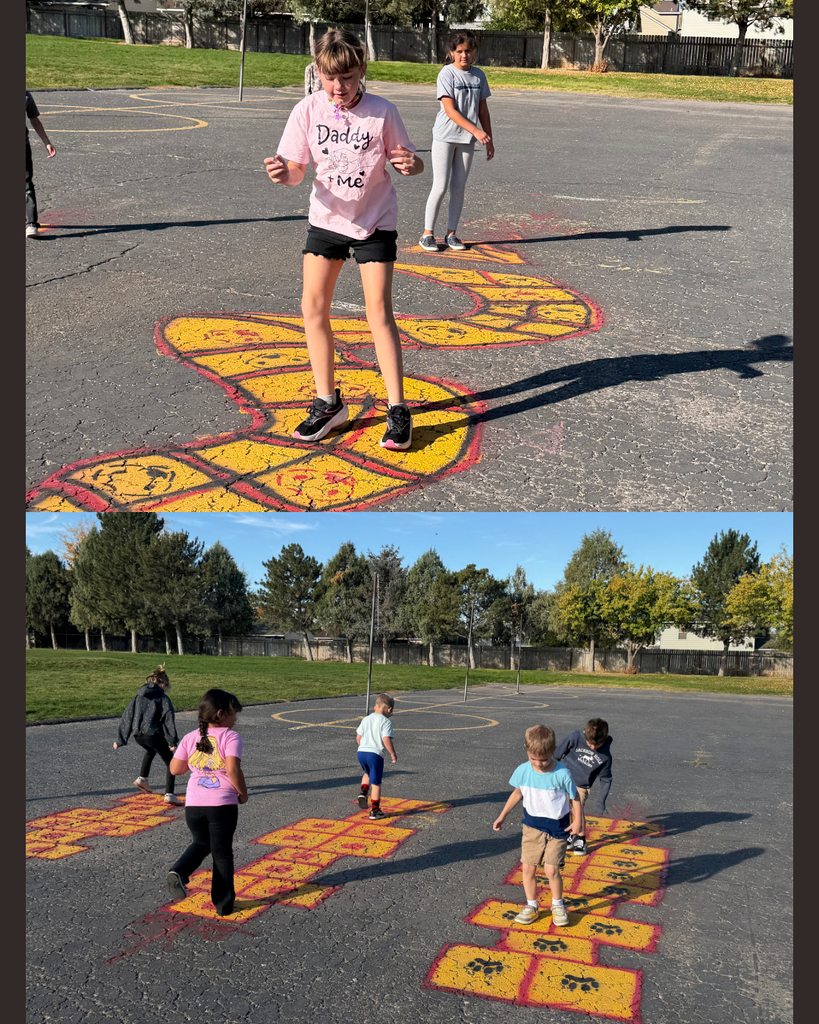 Two photos show children playing hopscotch. In both, children wear casual clothes. Trees surround the playground.
