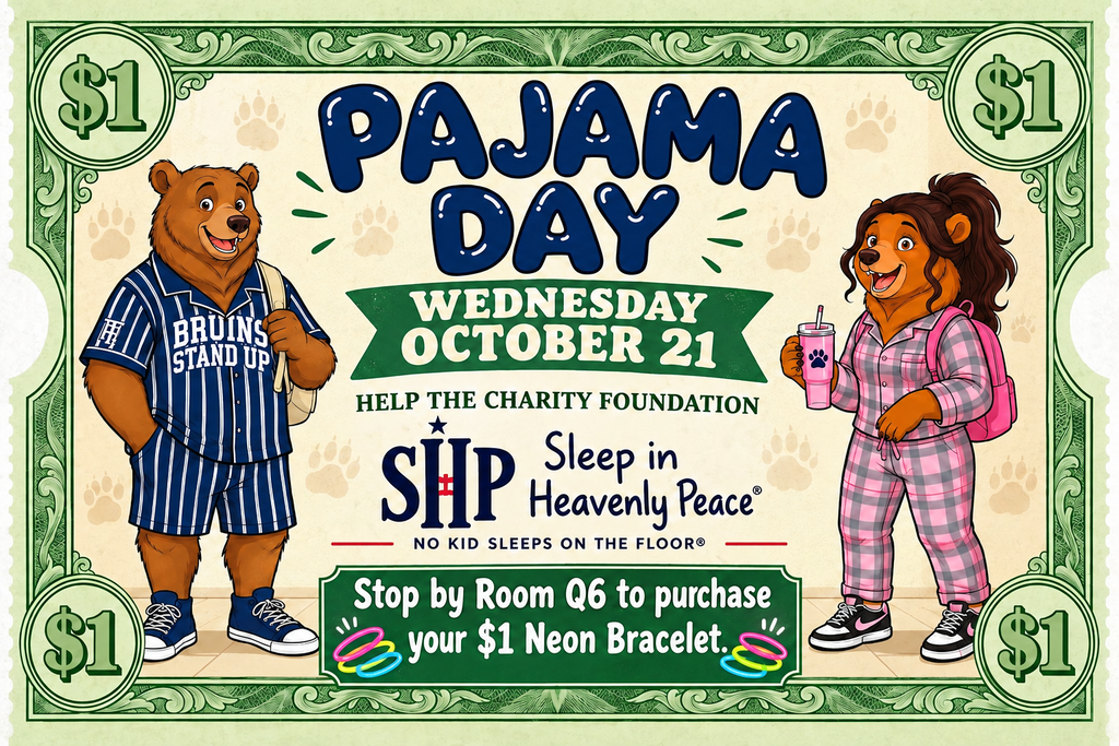 A promotional poster featuring two bears, one holding a backpack and the other a drink, advertising Pajama Day on October 21.