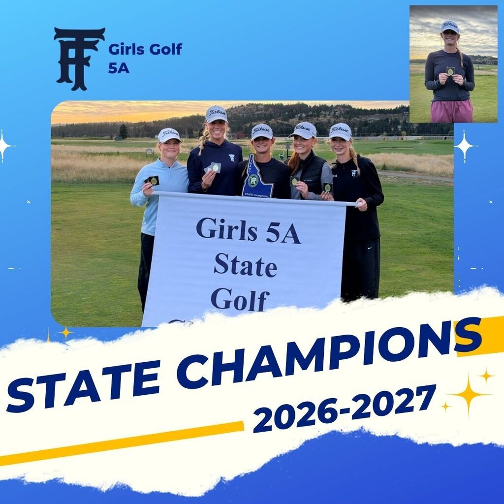 Five women hold a banner that says "Girls 5A State Champions" with a grassy field in the background.