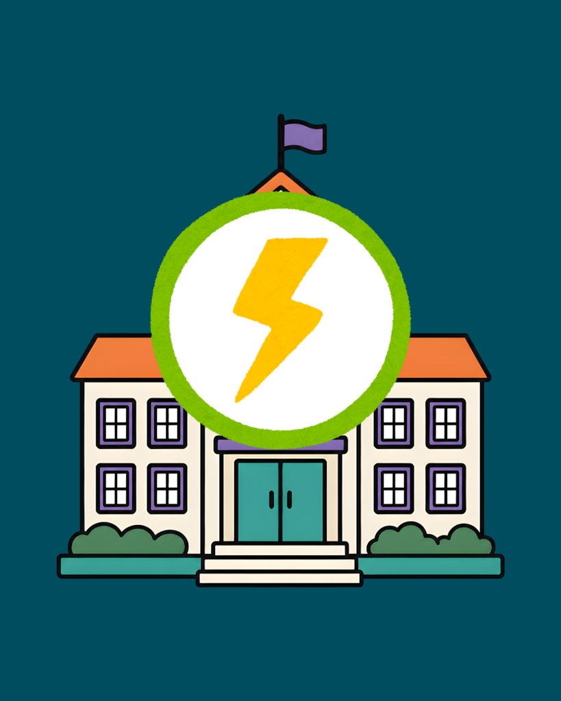 Illustration of a school with a flag on top, a yellow lightning bolt in a circle, and several windows.