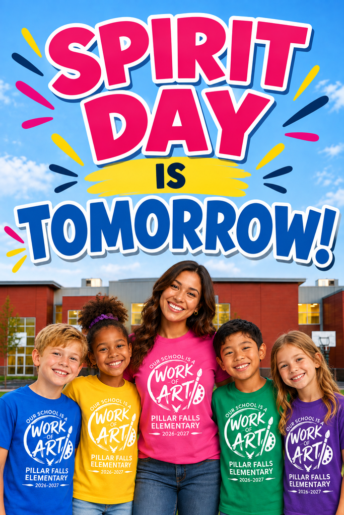 A woman and four children stand in front of a school building. They all wear matching T-shirts