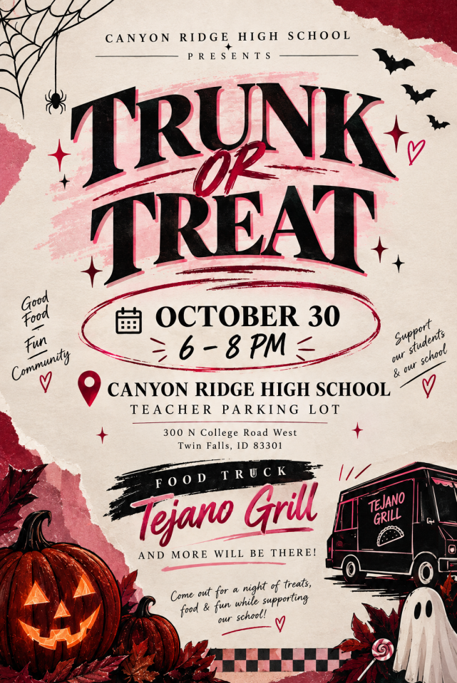 Poster for Trunk or Treat. Pumpkins, food truck, ghost, and car. Date and time October 30, 6-8 PM.