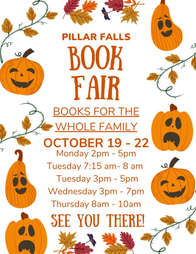White poster with text "Pillar Falls Book Fair" and various pumpkins with faces on it.