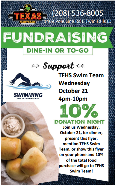 Flyer with a blue and white background, featuring a swimming logo, text, and a basket of bread with a dip.