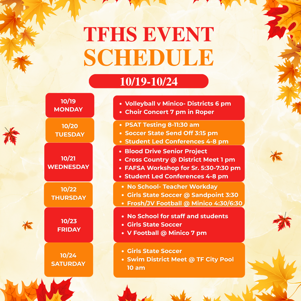 Event schedule poster for TFHS from 10/19 to 10/24. Background of orange and yellow leaves.
