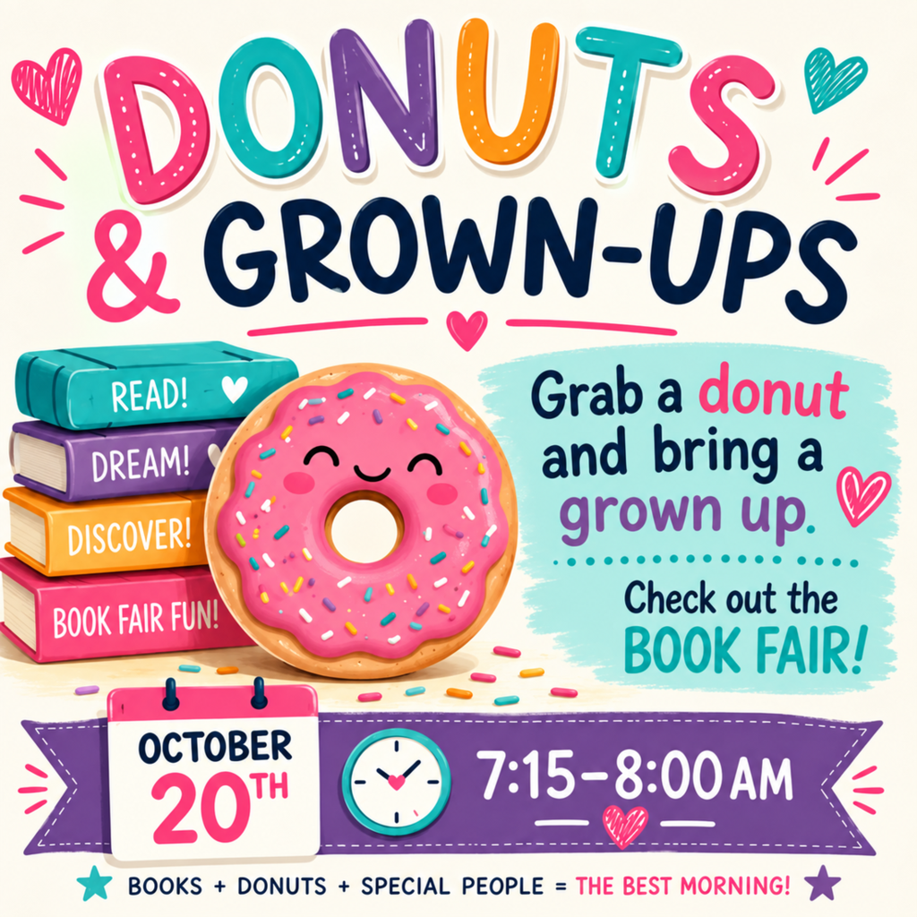Poster with books, a donut, and text. The donut is pink with sprinkles. "Grab a donut and bring a grown up" is written.