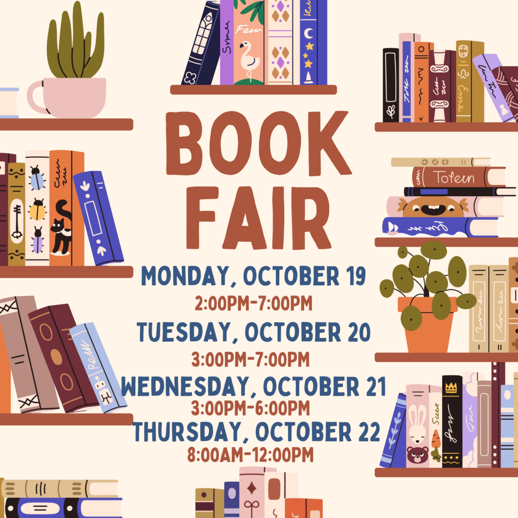 An illustration of books on shelves. A plant in a pink pot. Text reads "Book Fair". Dates and times are listed.