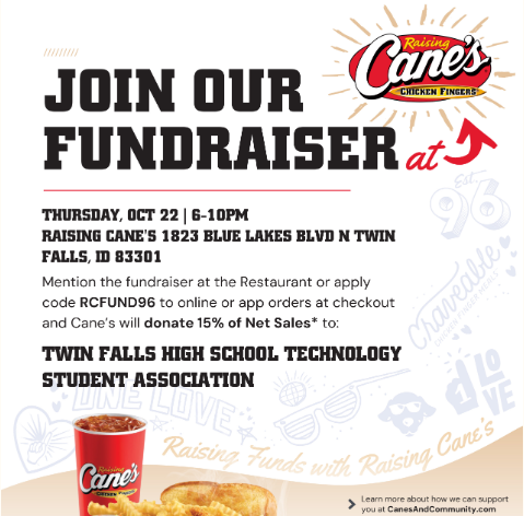 Flyer for a fundraiser at Cane's with a red cup, fries, and a sandwich on a white background.