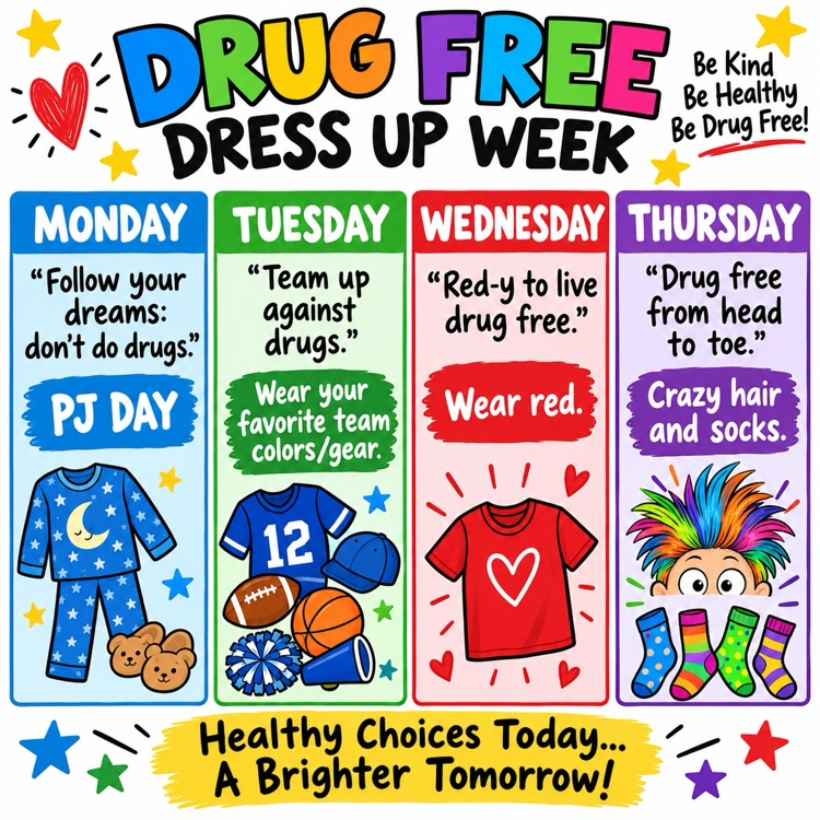 Poster promoting Drug Free Dress Up Week. Days of the week listed with themed dress-up ideas. Bright colors, cartoon characters, and clothing items shown.