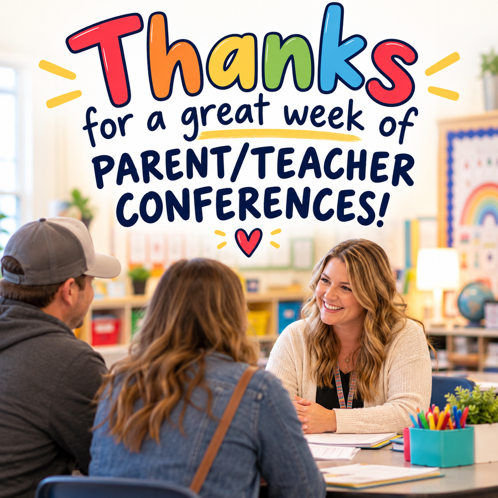 Parents and teacher sit around a desk with a globe, pencil box, and papers.