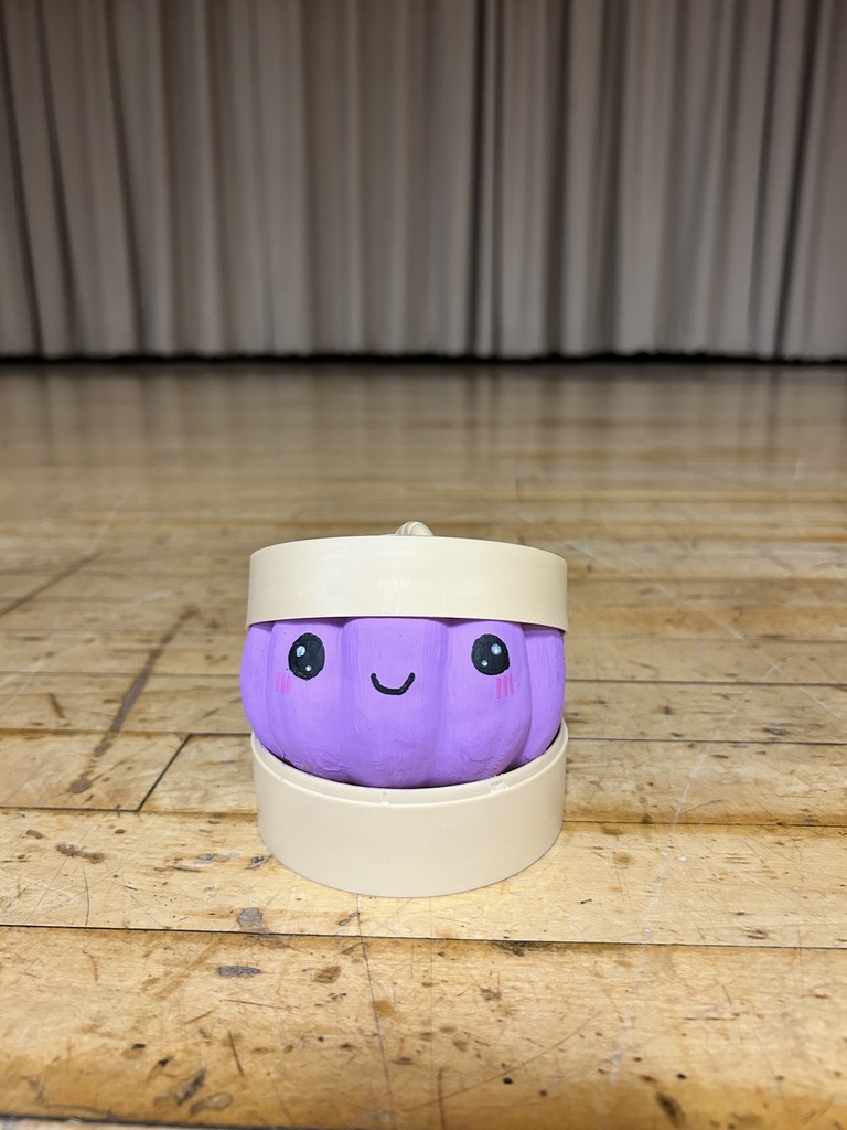 A purple plush with a smiley face sits inside a white box on a wooden floor with a curtain in the background.