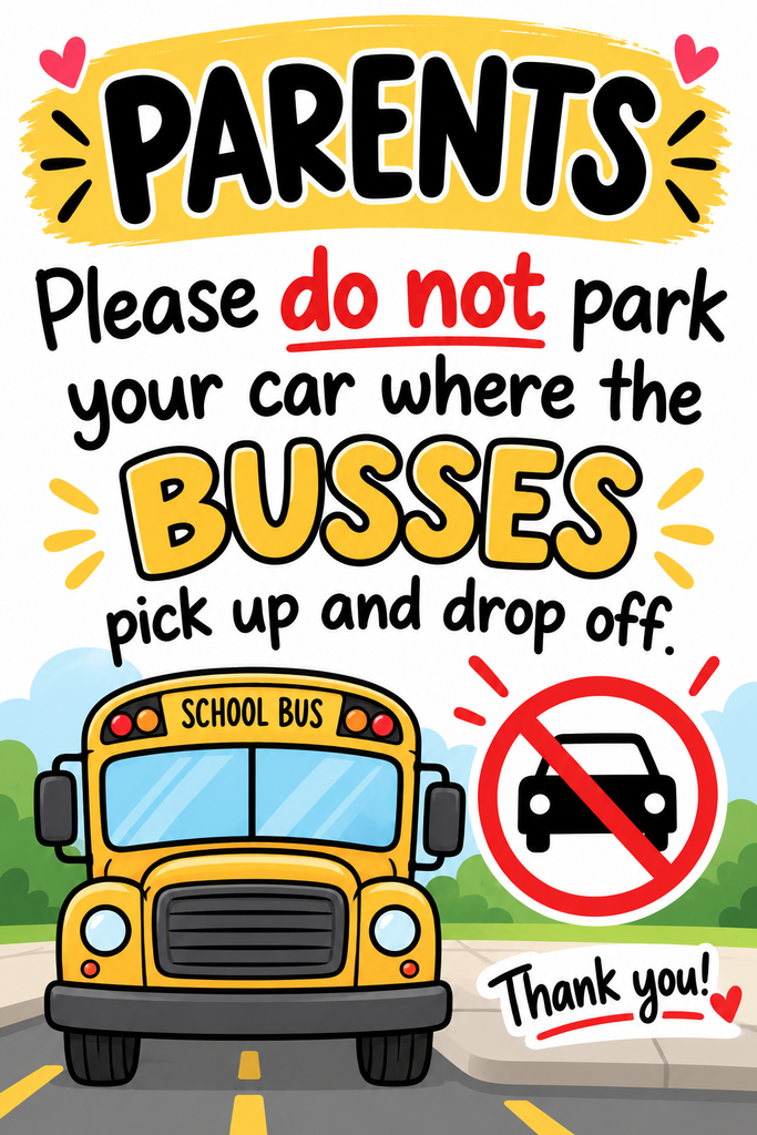 Yellow school bus with text "SCHOOL BUS" on front. Cartoon sign with text "Please do not park your car where the busses pick up and drop off."