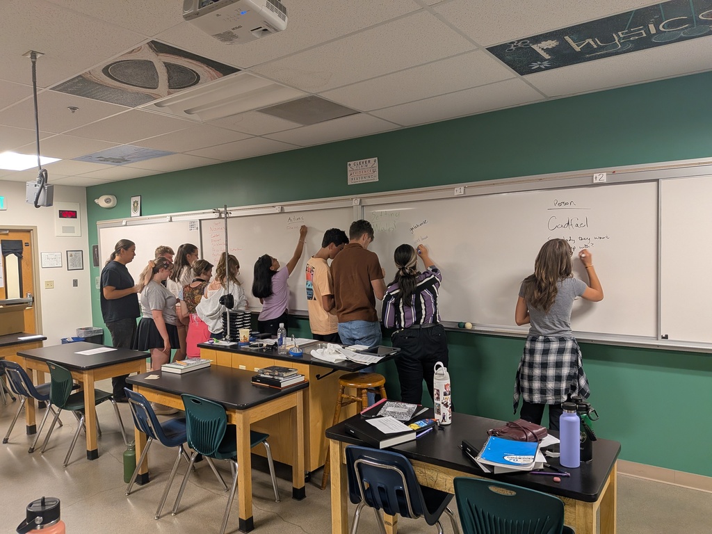 Students writing their ideas on the board and comparing thoughts. 