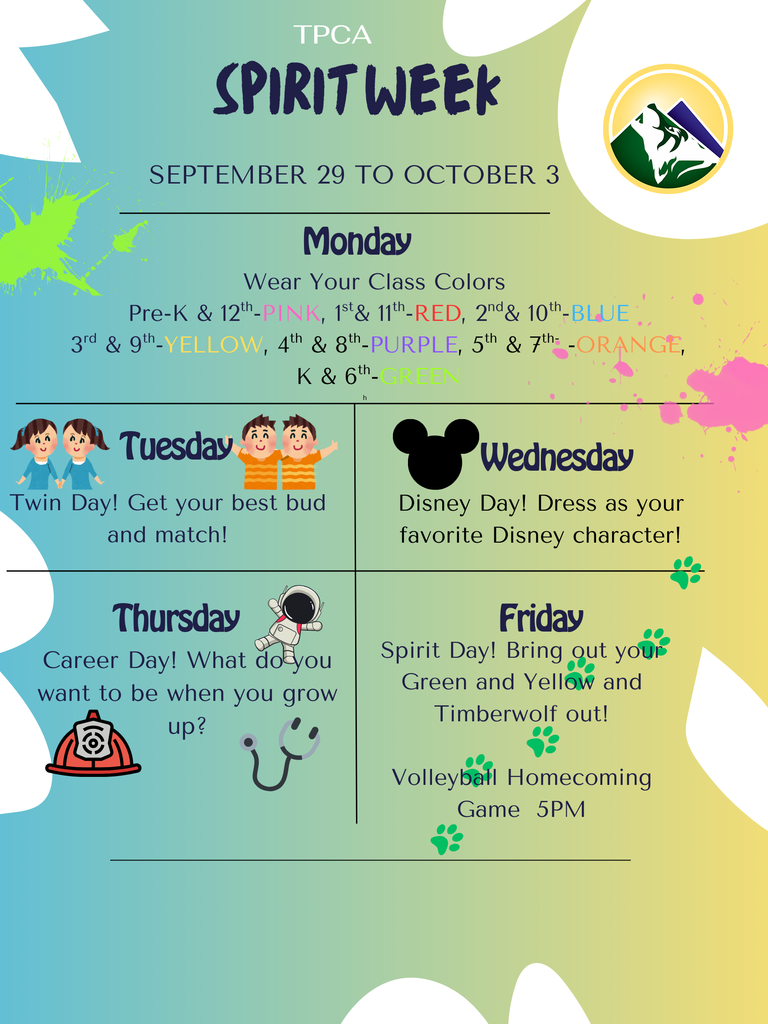 TPCA Spirit week poster. See main message for each day's theme.