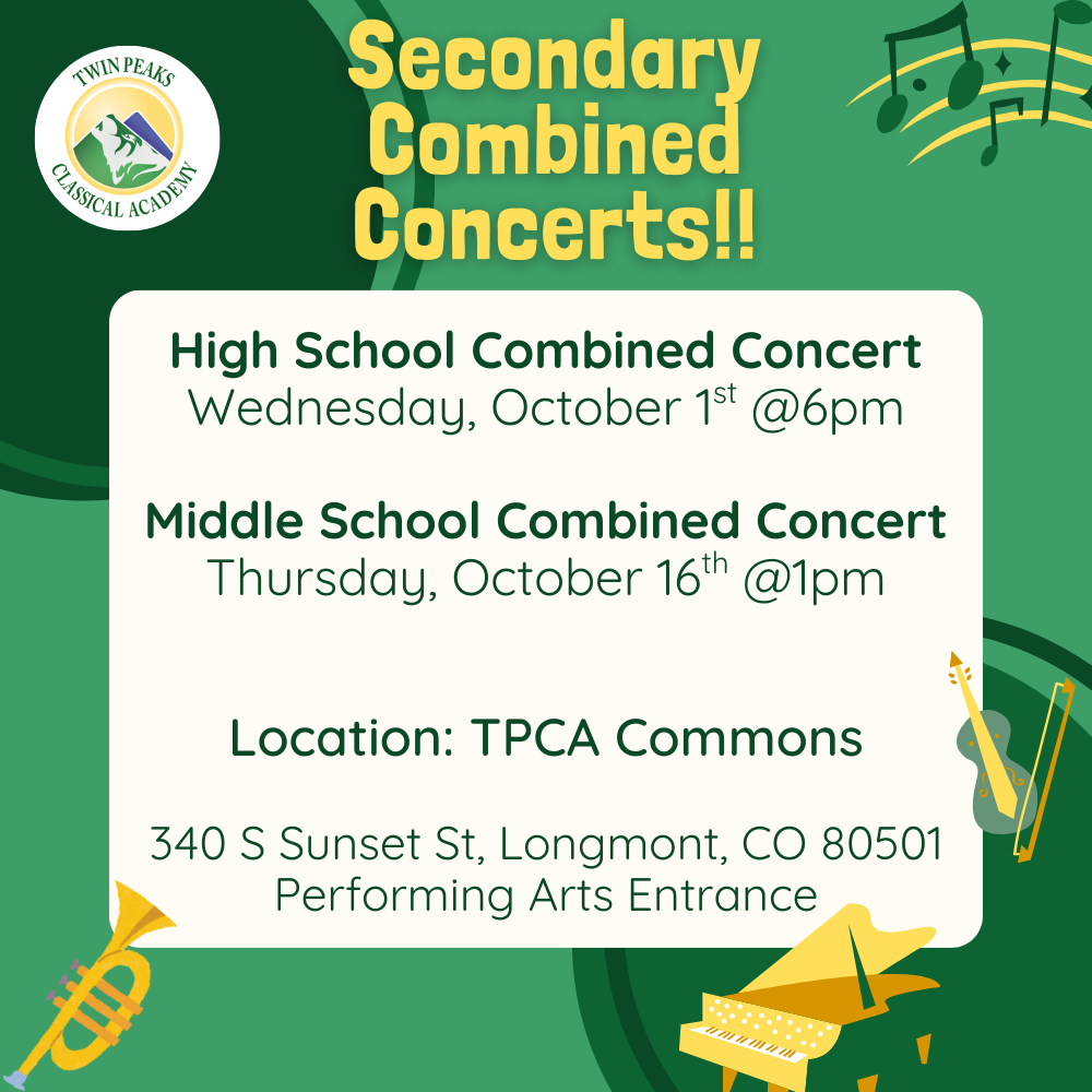 Secondary combined concerts: High School Combined Concert, Wednesday October 1st at 6 p.m.  Middle School Combined Concert, Thursday, Octoer 16 at 1 p.m. all in the TPCA commons.