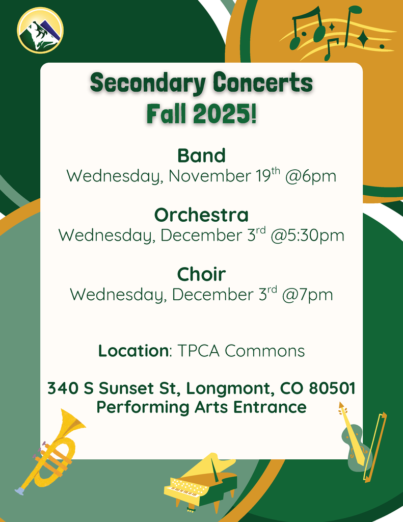 The secondary fall concert schedule: Band Wednesday November 19 at 6 pm. Orchestra Wednesday December 3 at 5:30 pm and Choir Wednesday December 3rd at 7 pm in the TPCA Commons.