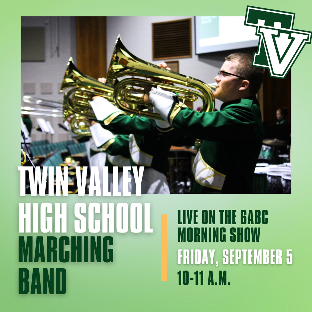 The Twin Valley High School Marching Band will be performing LIVE on the 6ABC Morning Show this Friday, September 5th, between 10:00–11:00 AM! Tune in to see our talented TVHS Marching Band perform four segments from the 6ABC studio in Philadelphia as part of their School Spirit Day program. We’re incredibly honored to be part of this exciting event! Learn more about the 6ABC School Spirit program here: https://6abc.com/tag/6abc-school-spirit/