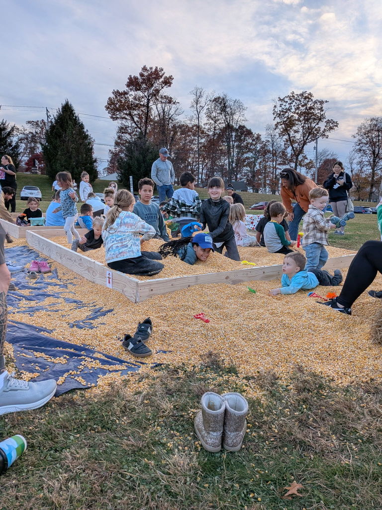 Students playing in a corn box