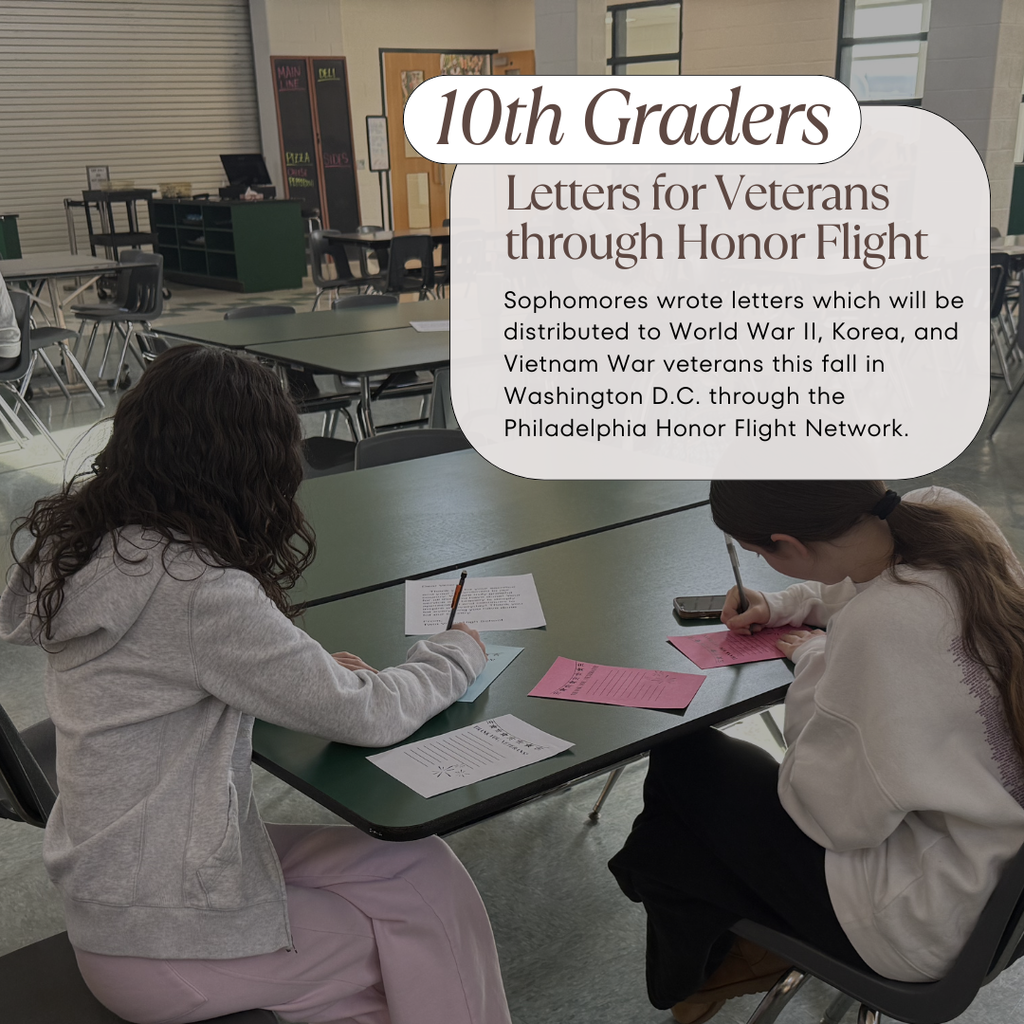10th grade students sitting at tables in the cafeteria while writing letters to veterans