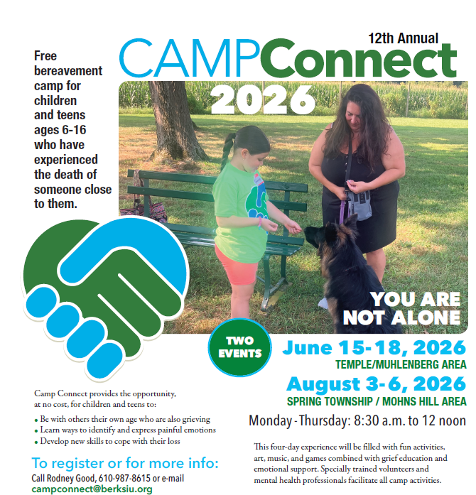 Image shows a child and a woman with a dog. Event details listed include June 15-18 at Temple/Muhlenberg area and August 3-6 at Spring Township/Mohns Hill area. Camp meets Monday-Thursday from 8:30am-12noon. Register at campconnect@berksiu.org