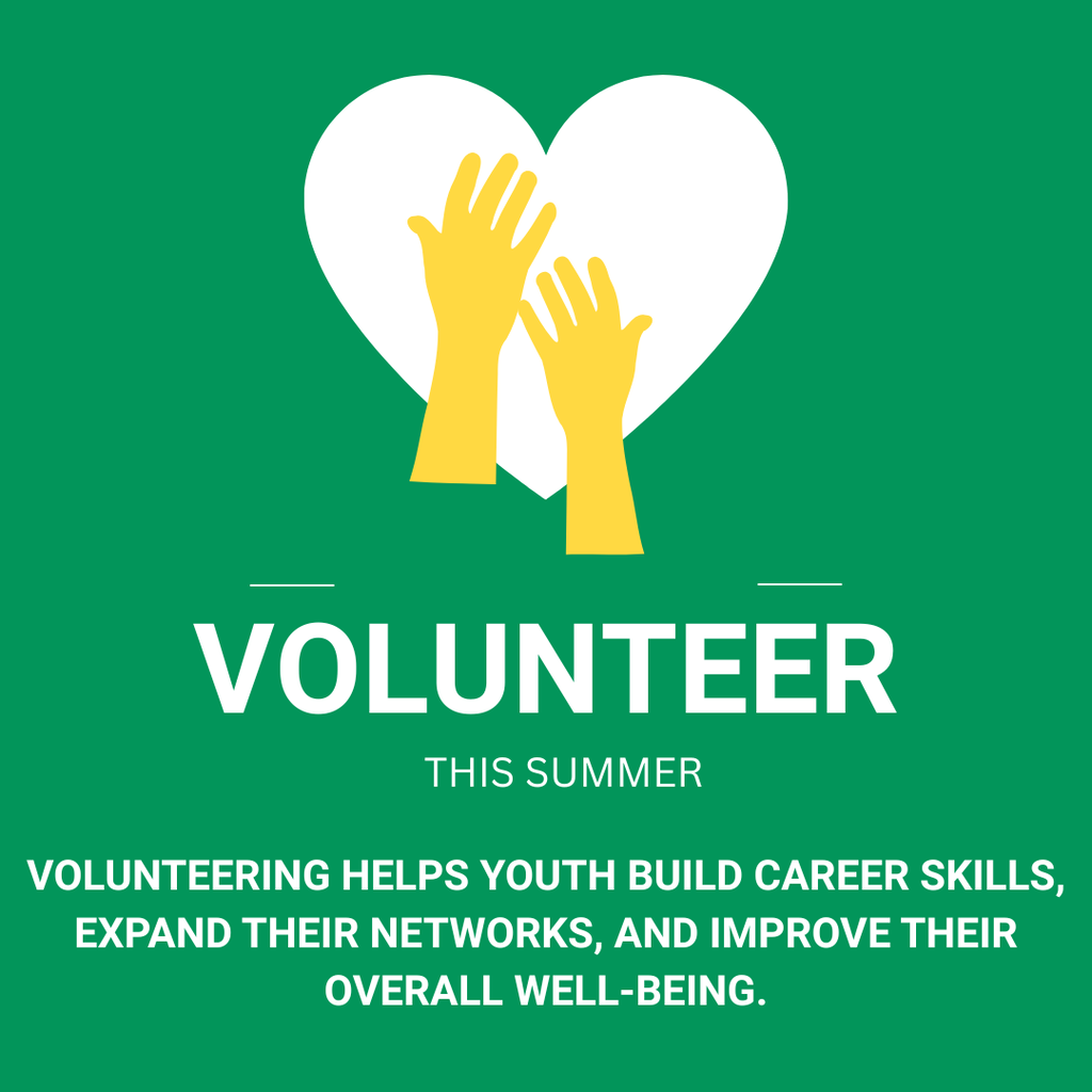 Image shows two hands silhouetted over a heart with text that says, "Volunteering helps youth build career skills, expand their networks, and improve their overall well-being."