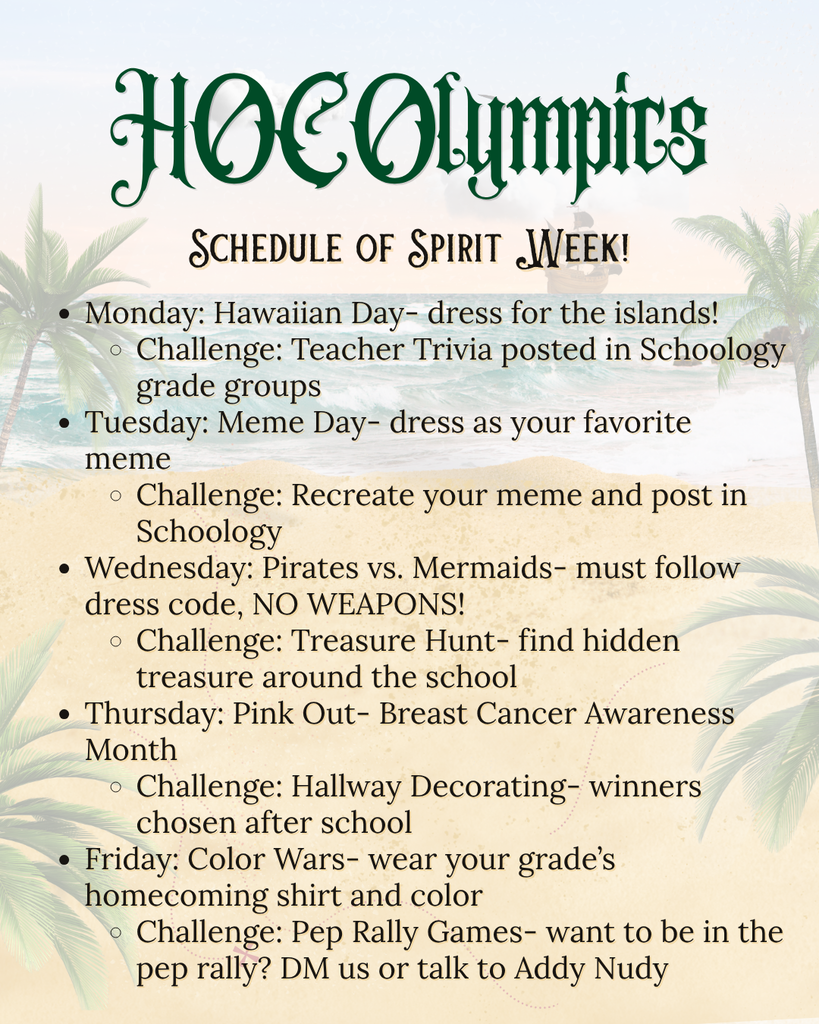Schedule for spirit week