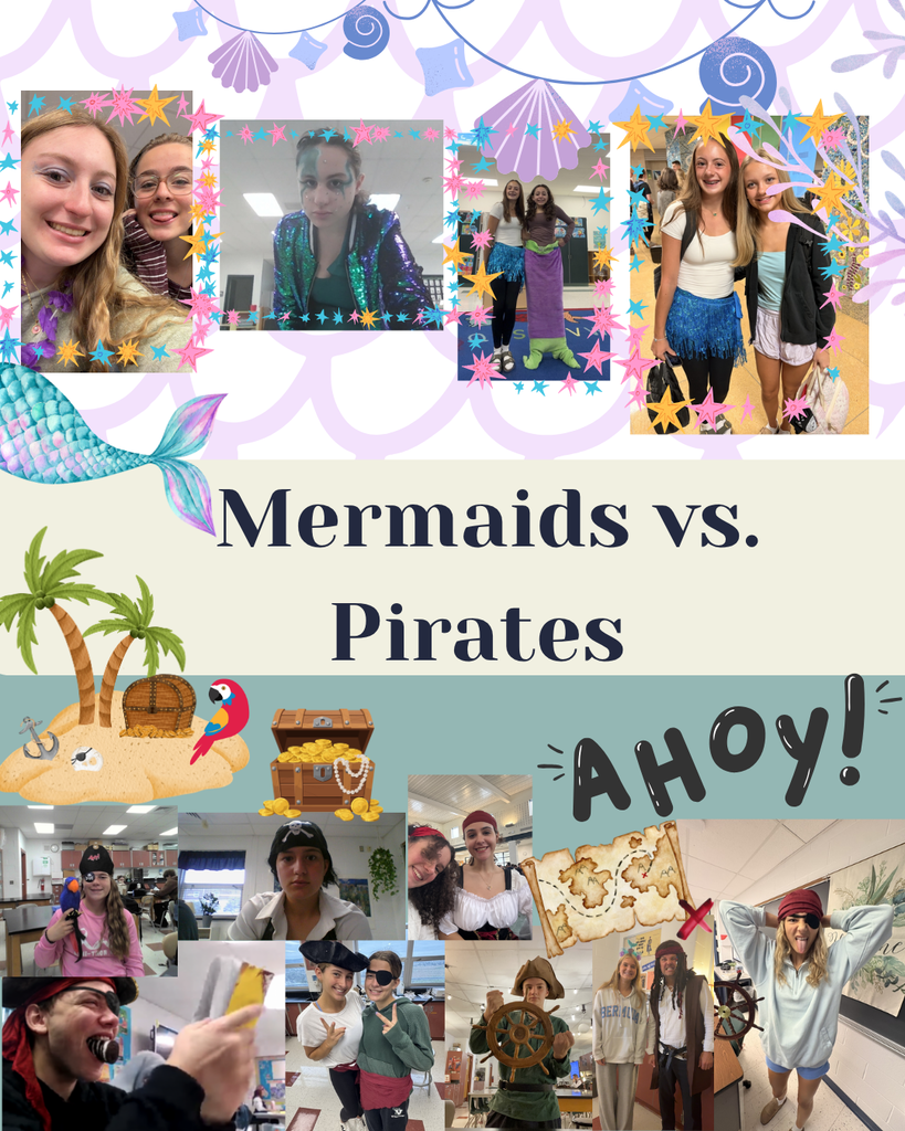 A visual for Wednesday's Pirates vs. Mermaids Day spirit theme which includes a collage of student pictures and selfies